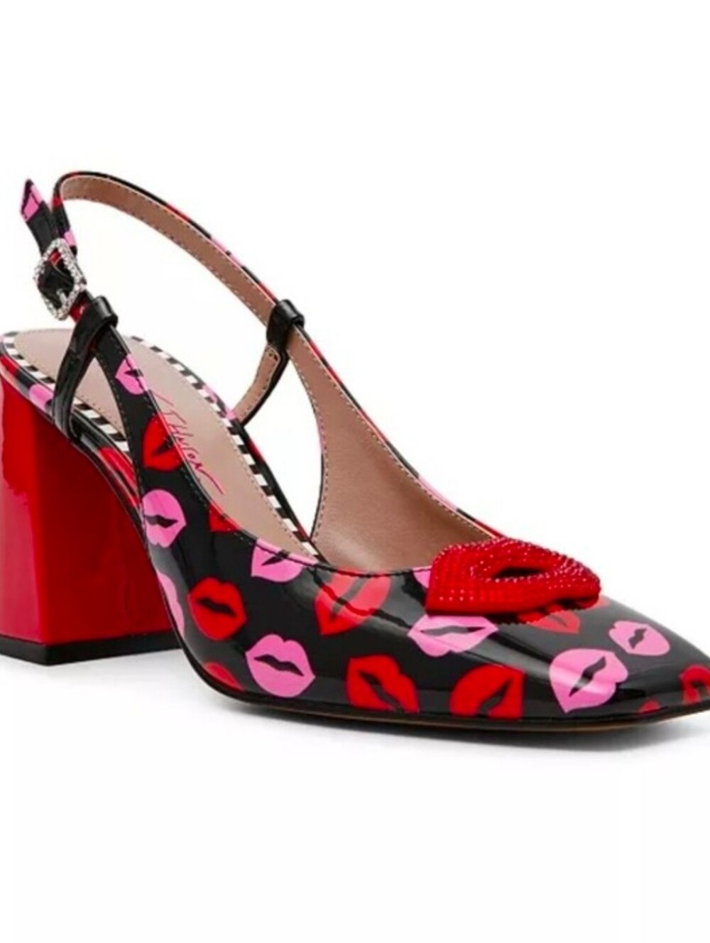 👉✨️ Betsey Johnson Black Patent Ashley Slingback Heels with Red Pink Lip Print